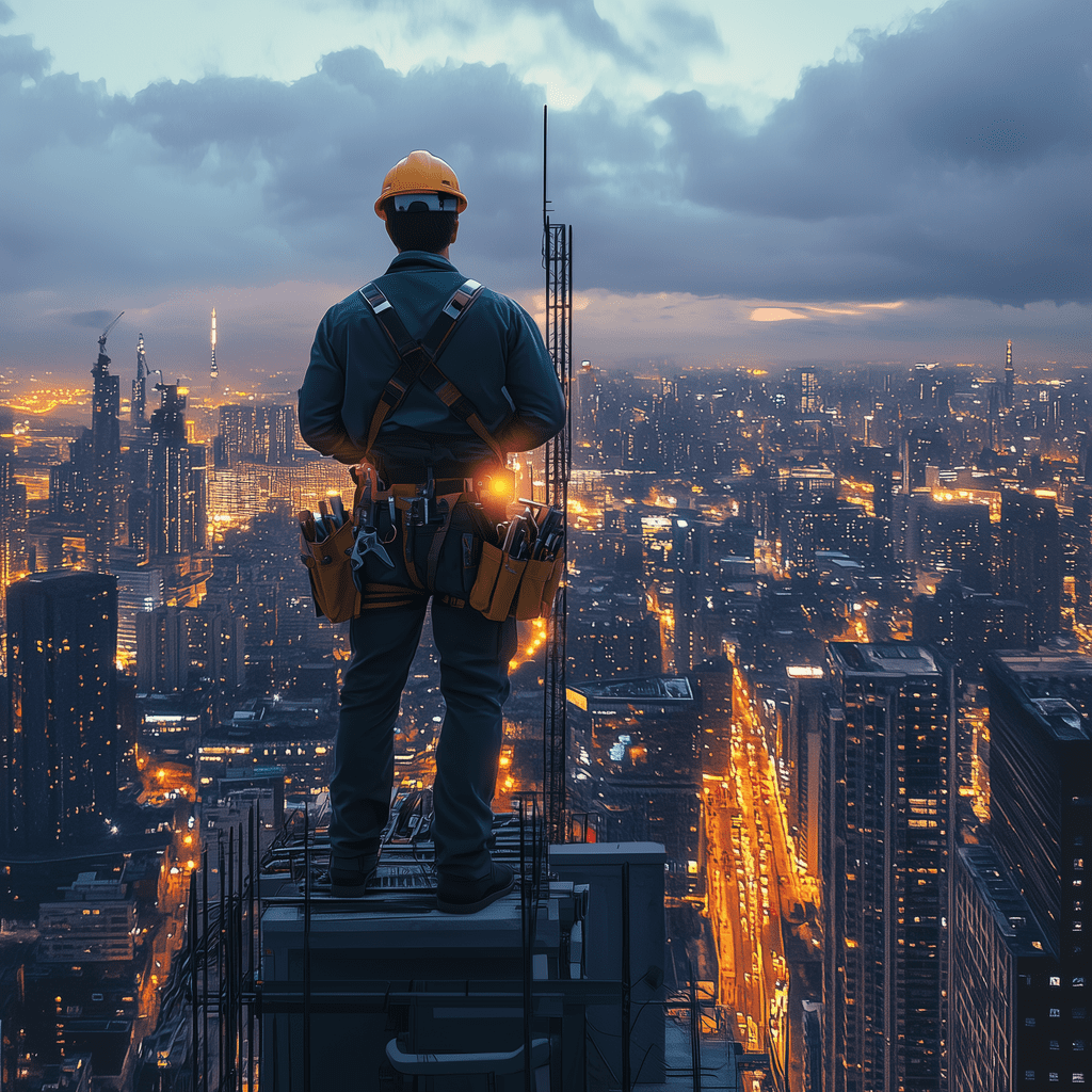 Confident electrician standing on a rooftop, overlooking a brightly lit city skyline at dusk, symbolizing control, power, and dominance in the local market.